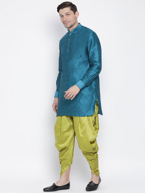 Vastramay Vastramay Men's Turquoise Silk Blend Curved Kurta Dhoti Set